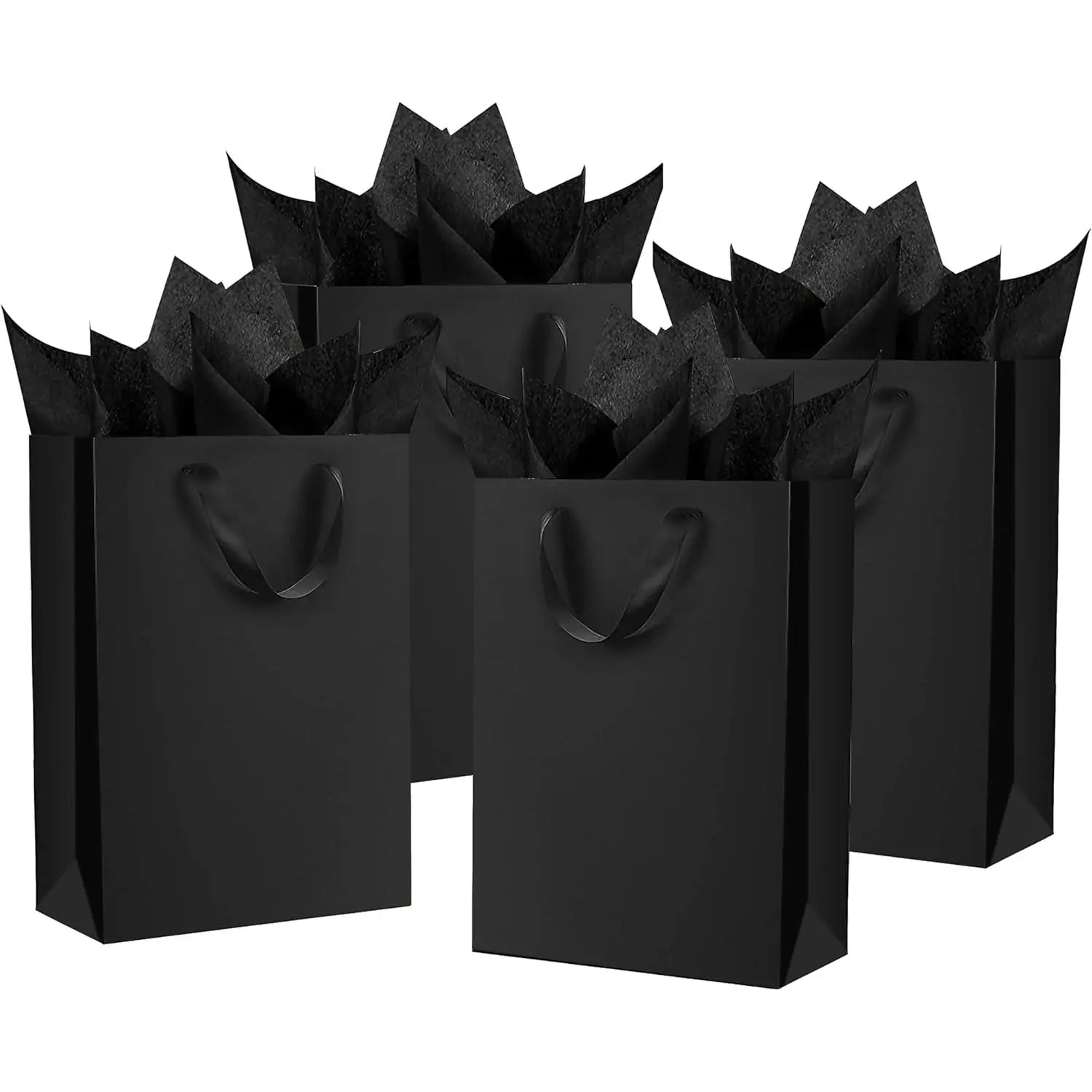 Black  Bags - 6 Pack 5 Sense Matte Paper Bags with Black Tissue, 8x4x11in (20x10x28 cm), with Handles, for Birthday, Wedding, Holiday, Party, or Business Gifts