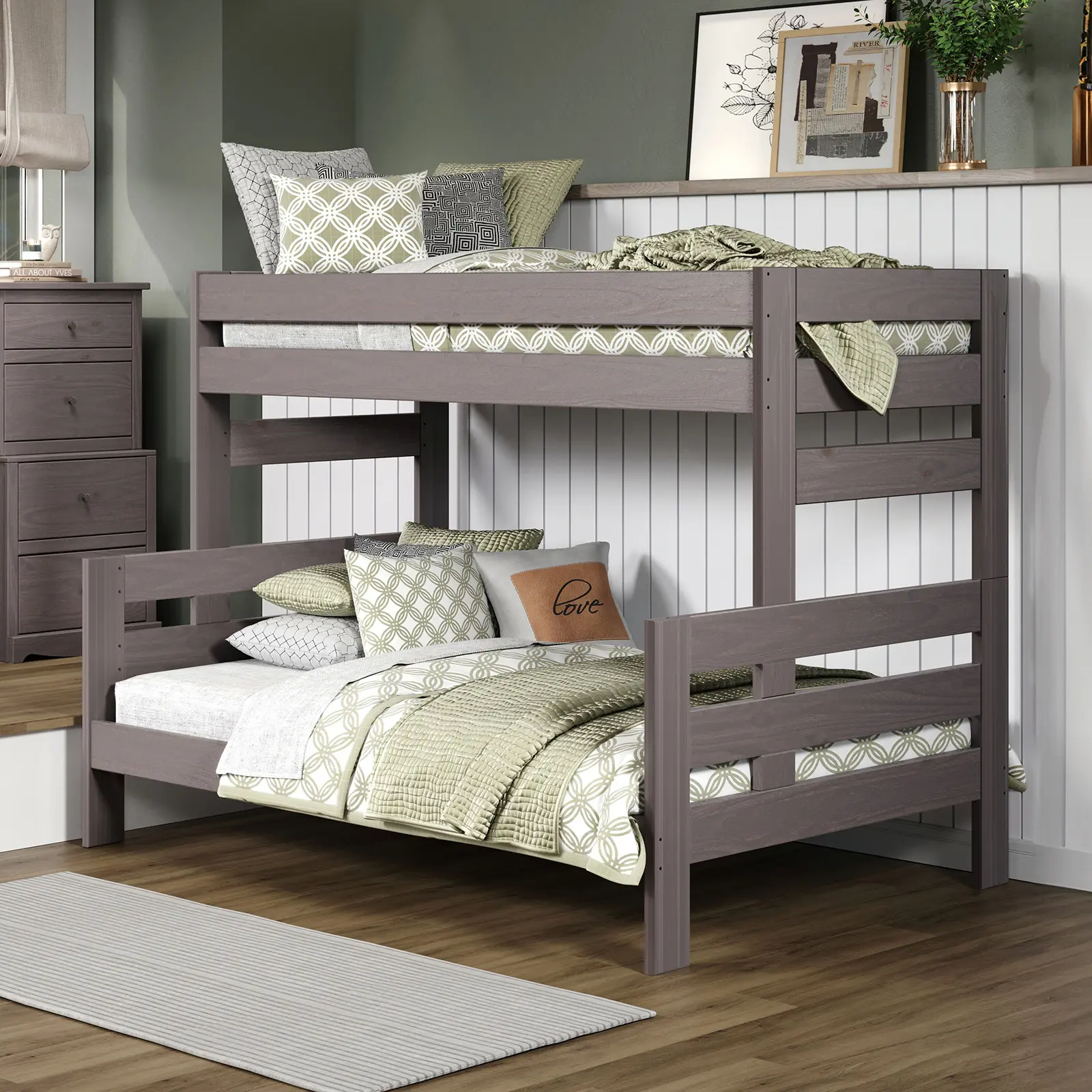 DAMARIS Rustic Twin Over Full Bunk Bed with Built-In Ladder