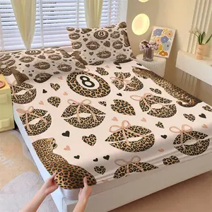 3-Piece Leopard Print & 8 Ball Fitted Sheet Set, 1 Fitted Sheet + 2 Pillowcases, Soft Comfortable Breathable Fabric, Deep Pocket Non-Slip Mattress Cover, All Season Fashion Bedding for Women Teens Bedroom