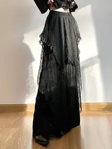 Women's Solid Asymmetrical Hem Lace Trim Skirt, Casual High Waist A Line Skirt For Daily Wear, Ladies Bottoms For All Seasons