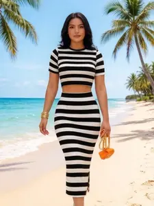 Trendy Elegant Classic Striped Short Top + Split Hem Skirt Two-Piece Set for Women, Fashionable and Stylish, Perfect for Daily Wear