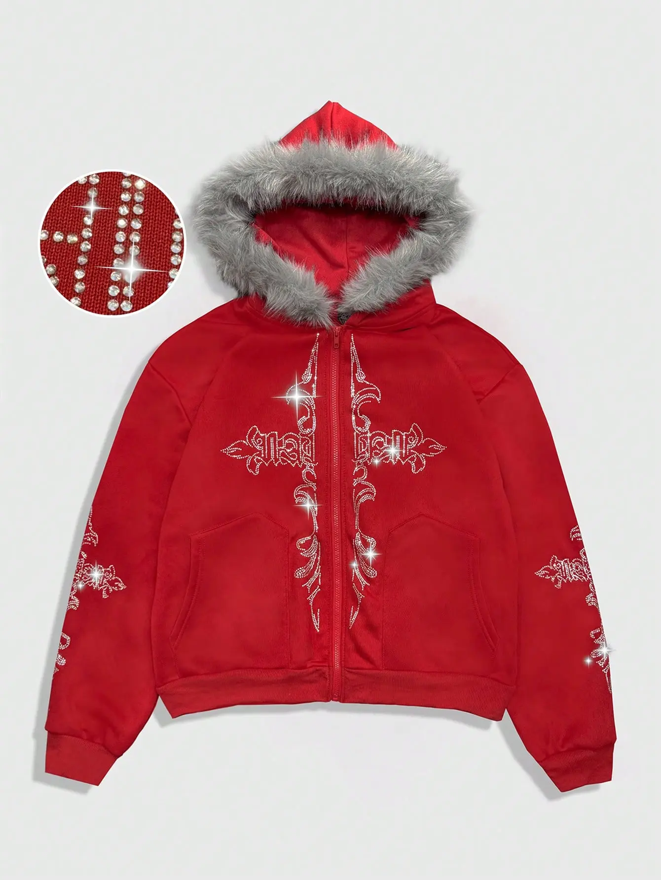 Ninety Girl Rhinestone Fur Zip Hoodie
