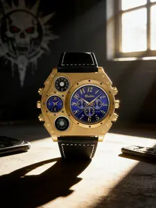 Vintage Workwear Style Men's Watch, Sandblasted Silver Color Steel Case, Multi-Function Layout, Compass Thermometer, Crocodile Leather Strap