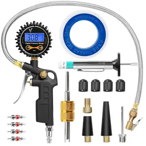 Digital Tire  Gauge with Inflator, 250 PSI Heavy Duty Air Chuck with Tire Tread Depth Gauge, Stainless Steel Braided Hose with Quick Connect Coupler,  Accessories by