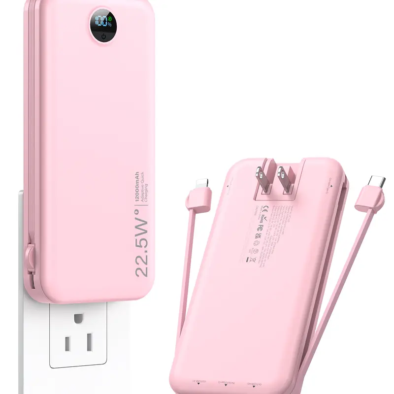 Diamuar 12000mAh Ultra-Thin 2-in-1 Fast Charger Power Bank (AC-02D) - Built-in Cables, USB Type-C & AC Plug Wall Charger, 22.5W Fast Charging, Smart LED Display, 3 Ports, Compact EDC for Smartphone, Mobile Devices, Back to School Essential techvibes
