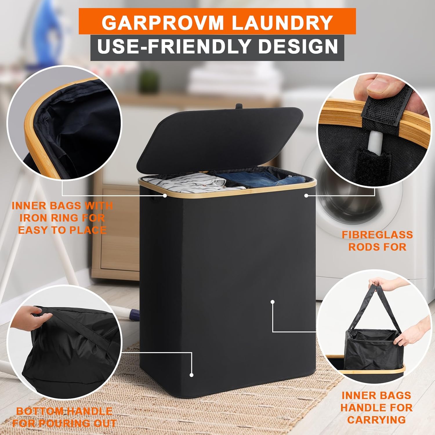 Garprovm Double Laundry Hamper with Lid 150L Large Laundry Basket with Bamboo Handles Foldable Clothes Hampers with 2 Removable Liner Bags for Laundry for Bedroom, Bathroom, Dorm, Laundry Room,Black