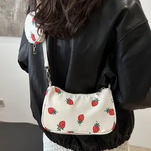 Cute Strawberry Print Nylon Crossbody Bag for Women, Casual Urban Style Handbag with Coin Purse, White with Golden-Tone Hardware, Polyester Lined, Zip Closure, Shoulder Bag