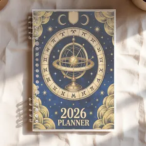 2026 Celestial Planner, A5 Lined Notebook, Vintage Astrological Design with Golden Armillary Sphere & Zodiac Wheel, Dark Blue Starry Background, Ideal for Office Planning & Daily Scheduling, High - Quality Paper for Smooth Writing