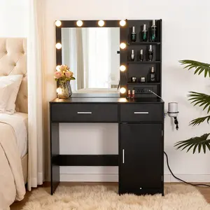 Senbonry 35.4-inch Makeup Vanity Desk with LED Lights, Power Outlet, Storage Shelves and 4 Drawers, Makeup Desk for Women Girls