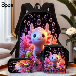 3pcs Summer essentials Fascinating Axolotls Backpack Set Includes a Large Capacity Backpack, a Pencil Case And a Zippered Lunch Bag with Adjustable Shoulder Straps, Making It a Great Travel And Commuting Gift.
