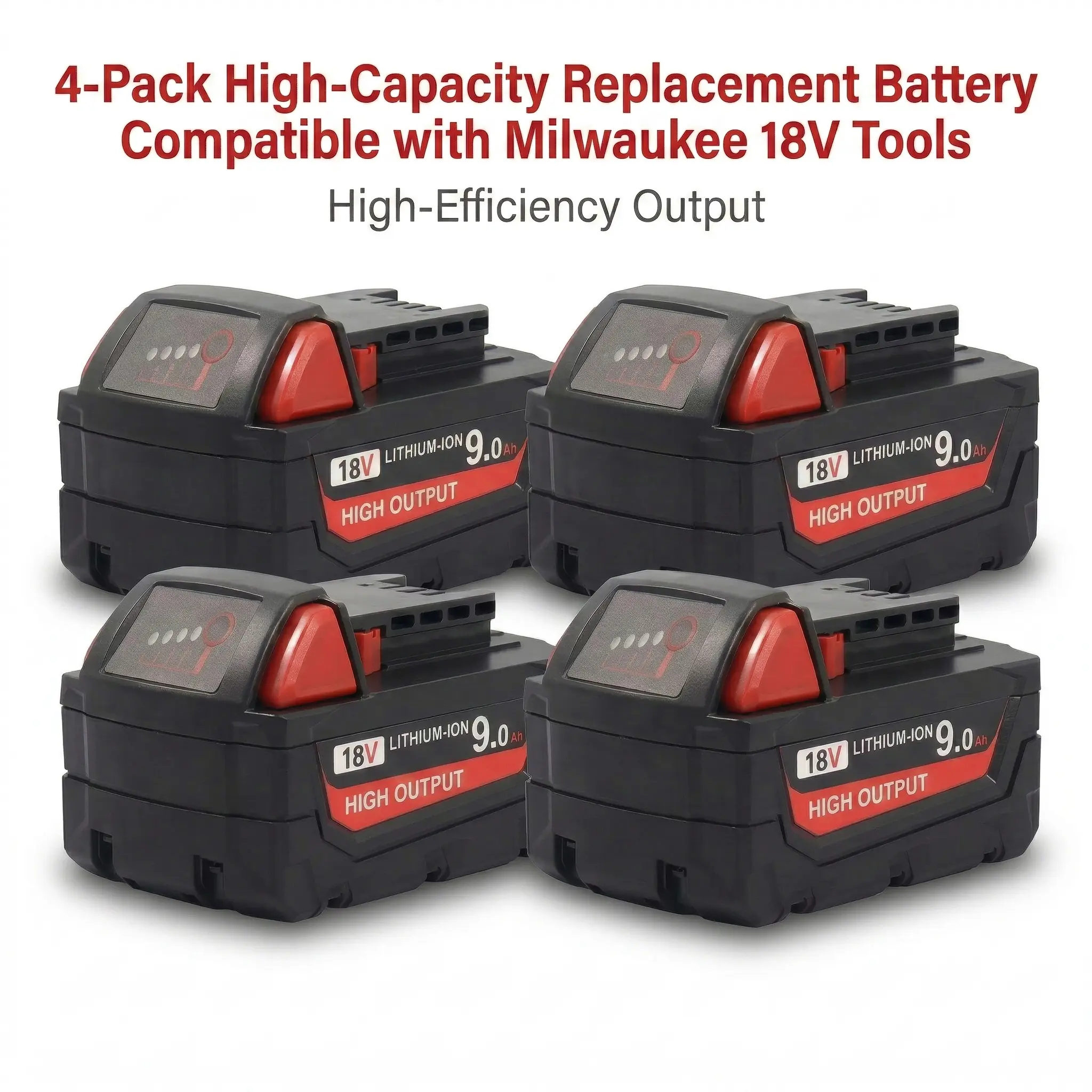 4-Pack 9.0Ah M18 Replacement Batteries, compatible with Milwaukee 18V Li-ion battery models 48-11-1860/48-11-1850, suitable for cordless power tools, high-capacity batteries