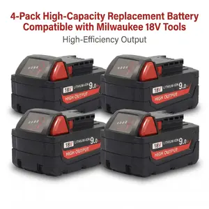 4-Pack 9.0Ah M18 Replacement Batteries, compatible with Milwaukee 18V Li-ion battery models 48-11-1860/48-11-1850, suitable for cordless power tools, high-capacity batteries