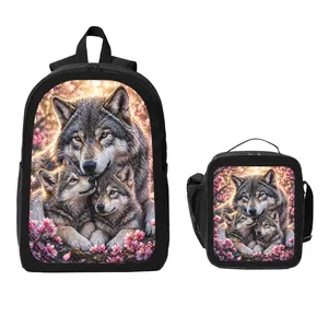 Dreamy Moon Wolf Backpack and Lunch Bag Set Bundle Large Capacity Backpack with Insulated Lunch Tote Lightweight Durable Multi Pocket Design Comfortable Shoulder Straps Travel Daily Use Organizer Stylish Matching Set Unisex