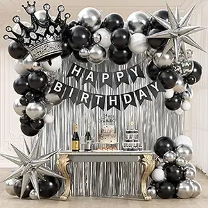 Black Birthday Decorations for Men with White Black and silver Balloons Banner Metallic Silver Fringe Curtain for 21st 25th 27th 30th 35th 40th 50th 60th Men Birthday Decorations