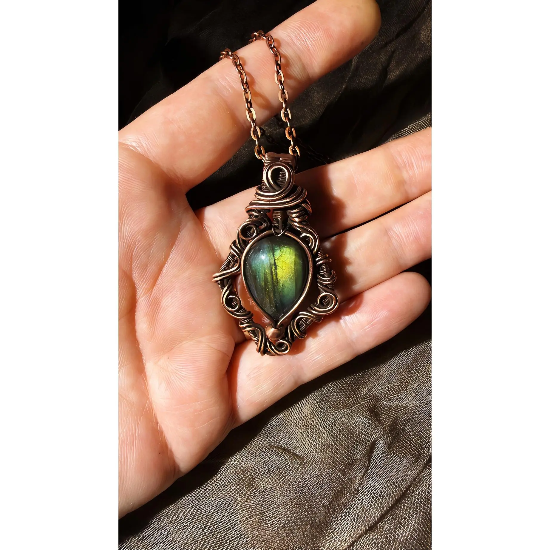 Labradorite Heart Pendant Necklace with Copper Chain, Handcrafted Design, Unique Jewelry for Women