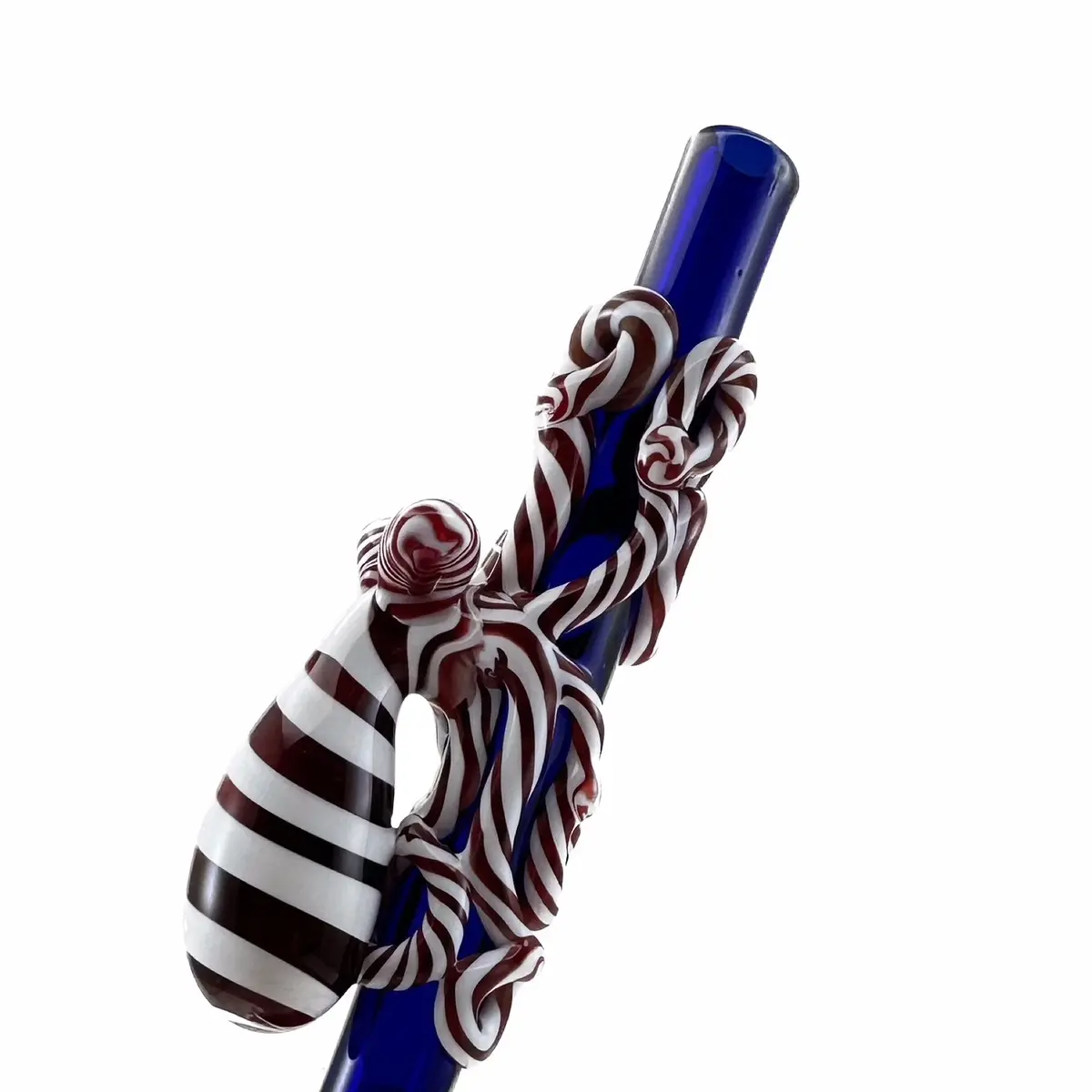 Octopus Glass Straw. Reusable Hand Blown 9” Cobalt blue straw with Flamework Candy Cane octopi Drinkware