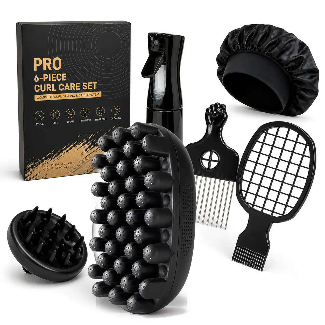 Eco-Friendly Silicone Curl Sponge Alternative Kit - Double Ended Tools Set with Brush, Metal Pick, Mesh Comb, Edge Brush for Afro Kinky Hair, Curly Hairstyles, Protective Styles for Natural Hair, Curl Transformation