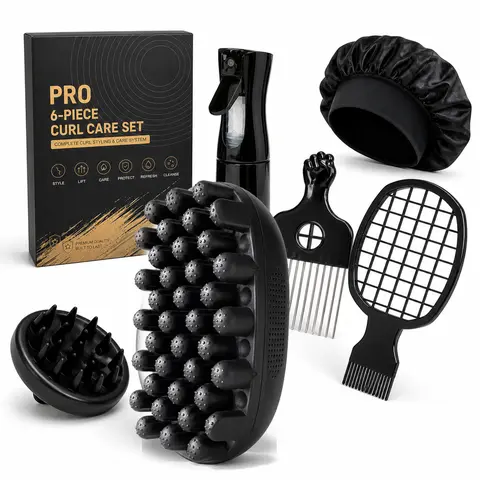 Eco-Friendly Silicone Curl Sponge Alternative Kit - Double-Ended Hair Grooming Brush Set with Stainless Steel Pick, Mesh Comb, Edge Brush for Curly Girl Coily Afro Kinky Hair Defining Protective Styles