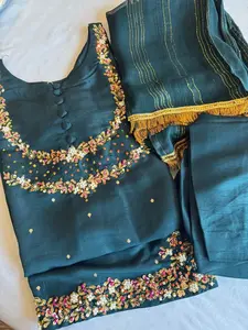 New 3pcs raw silk full embroidered handwork dress M42 L46