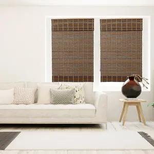 Cordless Bamboo Roman Window Blind Sun Shade, Light Filtering Roman Shades with 8" Valance - Black and Tan Bamboo