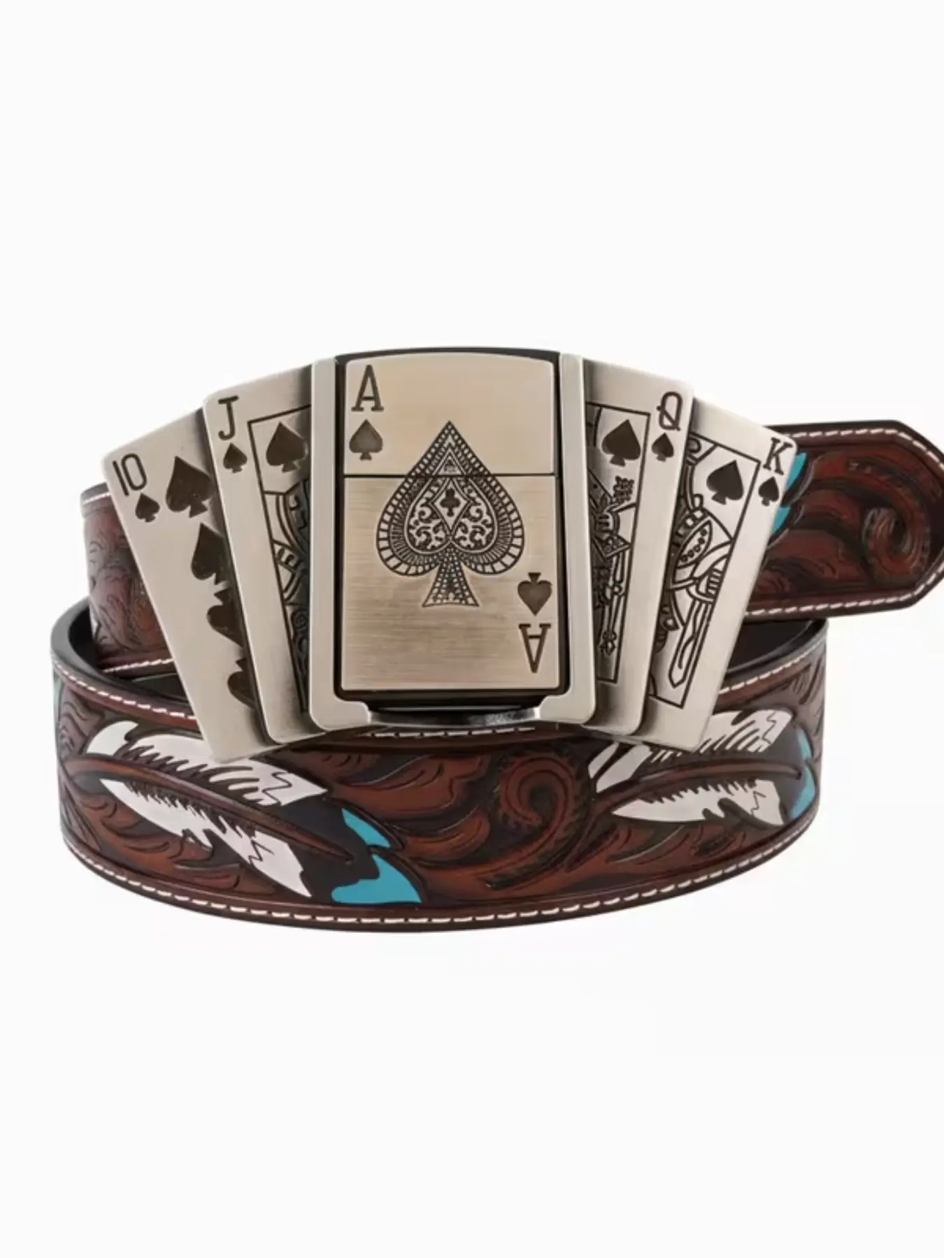 New Western Style Vintage Belt Unisex, Irregular Pattern Carved Feather Waist, Smooth Buckle Leather Belt, Fashion Poker Head Gift, Boho Style Belt, Belt With Buckle