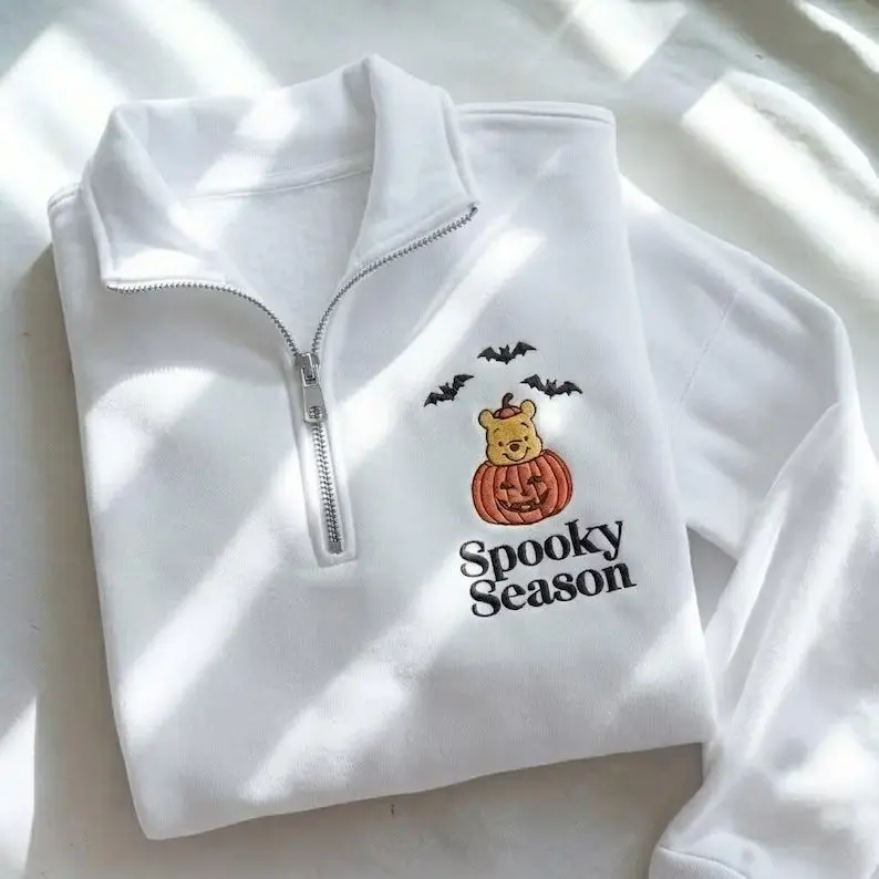 Embroidered Pooh Bear Pumpkin Quarter Zip Sweatshirt, Spooky Season Embroidered Shirt, Pumpkin Crewneck, Fall Gift