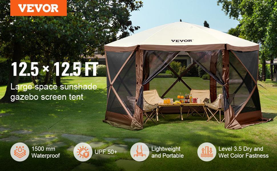 VEVOR Camping Gazebo Screen Tent, 12*12ft, 6 Sided Pop-up Canopy Shelter Tent with Mesh Windows, Portable Carry Bag, Stakes, Large Shade Tents for Outdoor Camping, Lawn and Backyard, Brown/Beige