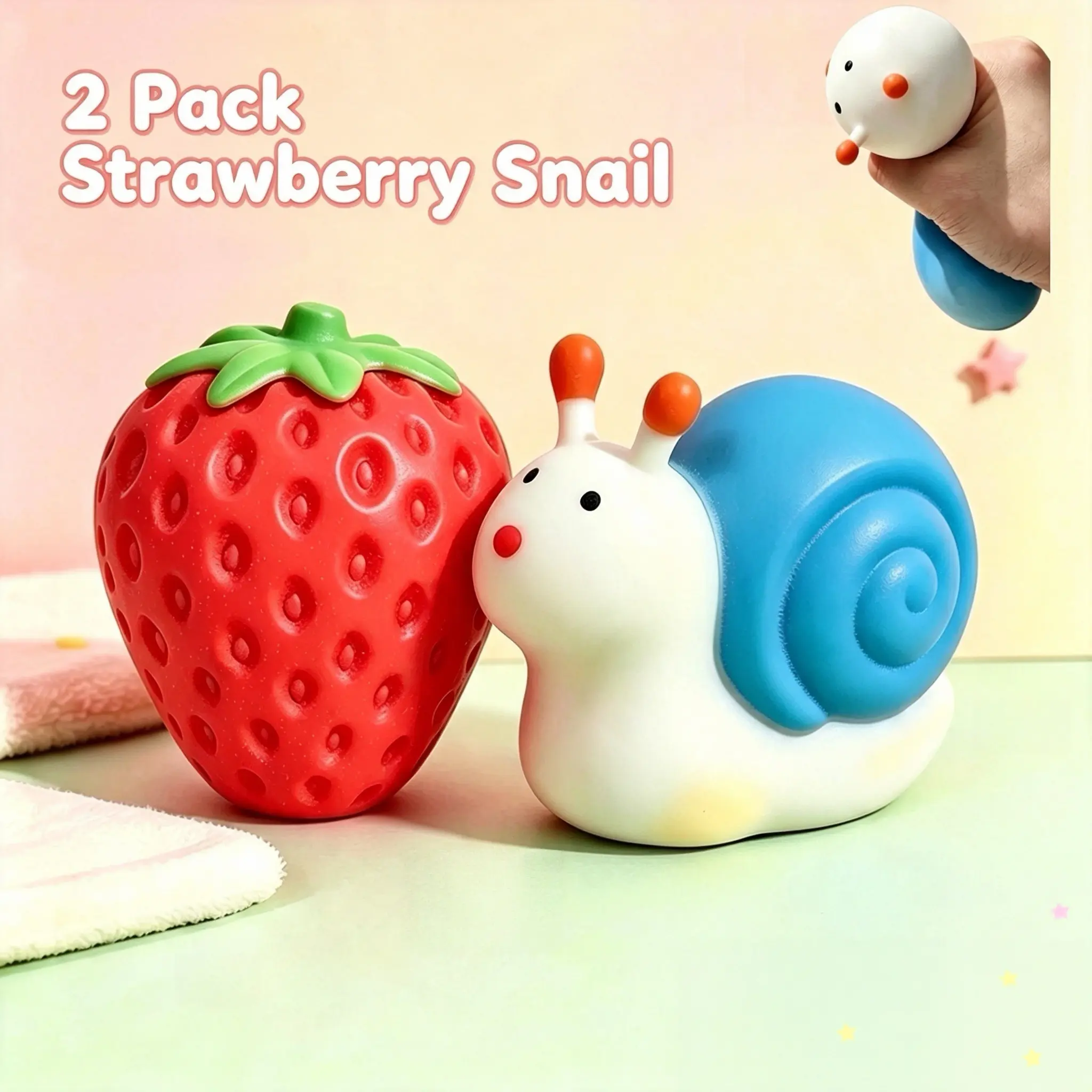 Cute 2 Pack Strawberry Snail Squishy Toy, Flour Material Soft Stress Relief Fidget, Ideal Holiday Gift for Kids and Adults