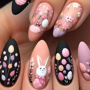 Pink Easter Press on Nails Almond Fake Nails Matte Spring False Nails Tips Cute Rabbit and Flower Designs Easter Egg Acrylic Nails Press Easter Day