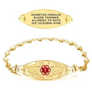 Custom Engraved PVD Gold Angel Wing Heart Link Medical ID Bracelet