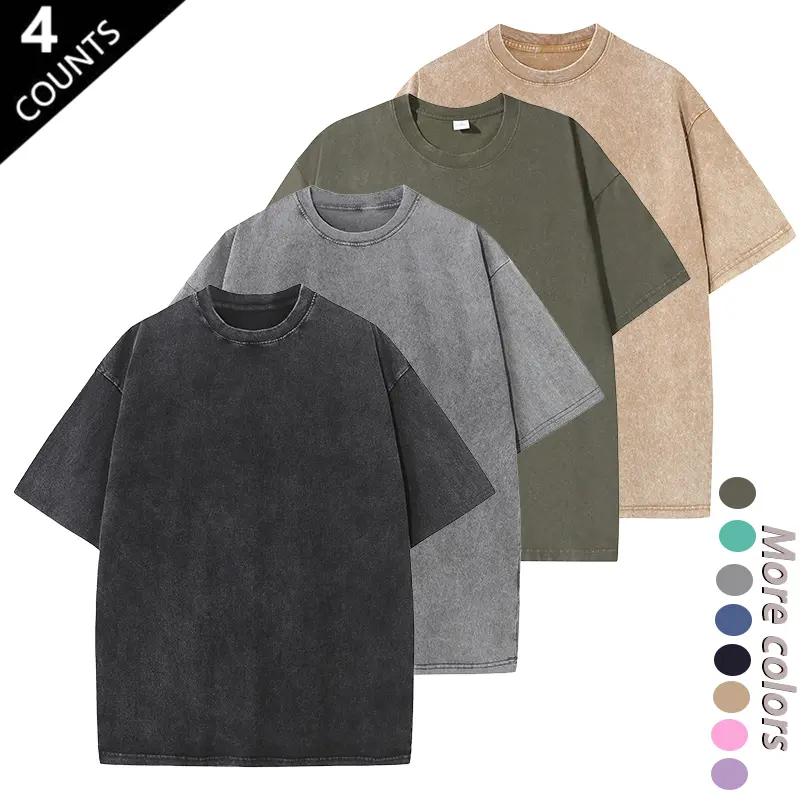 Men's 4-Pack Vintage Washed Oversized Short-Sleeve Tshirts, Heavy-Duty Fabric, Anti-Fade, Anti-Pilling, Casual Plain Round Neck, Black Gray Blue Army Green, Ideal Father’s Day Gift