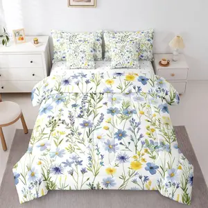 Floral Bed in A Bag | Boho Wildflower 7 Piece Comforter Set,Blooming Pastoral Style Sheet Set,Breathable Lightweight Bohemian Country Garden Flowers Fitted Sheet Reversible