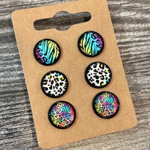 Women's Leopard Rainbow Animal Print Stud Earrings Set of 3 - Bright Colorful Retro Leopard & Zebra Cabochon Studs in 12mm Fun Trendy Cute Earring
