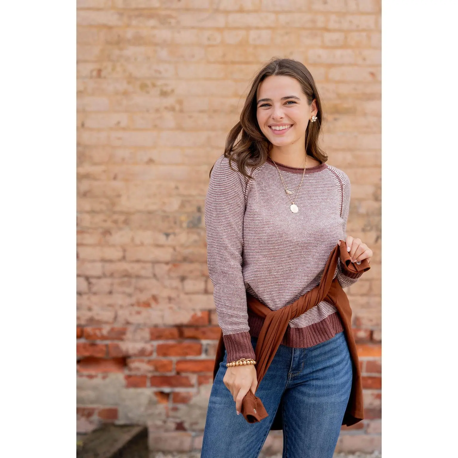Marled Striped Solid Trim Sweater