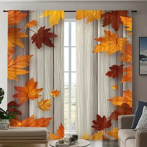 2pcs Autumn Maple Leaf Printed Curtains – Stylish Rod Pocket Window Treatment with Warm Fall Foliage Design in Orange, Red & Yellow, Perfect for Living Room, Bedroom, Office, Kitchen, or Vacation Home (Rod Not Included), Curtains for Living Room