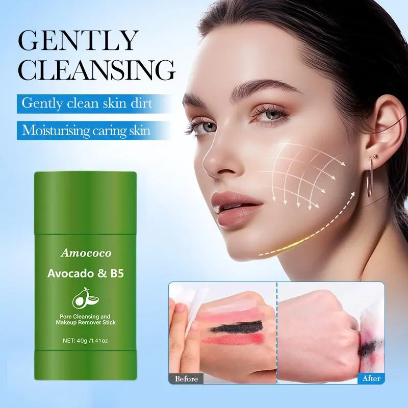 Amococo Makeup Remover 40g Applicator Makeup Remover Stick, Ginger Lemon Makeup Remover + Avocado Refreshing Makeup Remover, effectively melts away facial makeup, gentle and residue-free, suitable for all skin types.