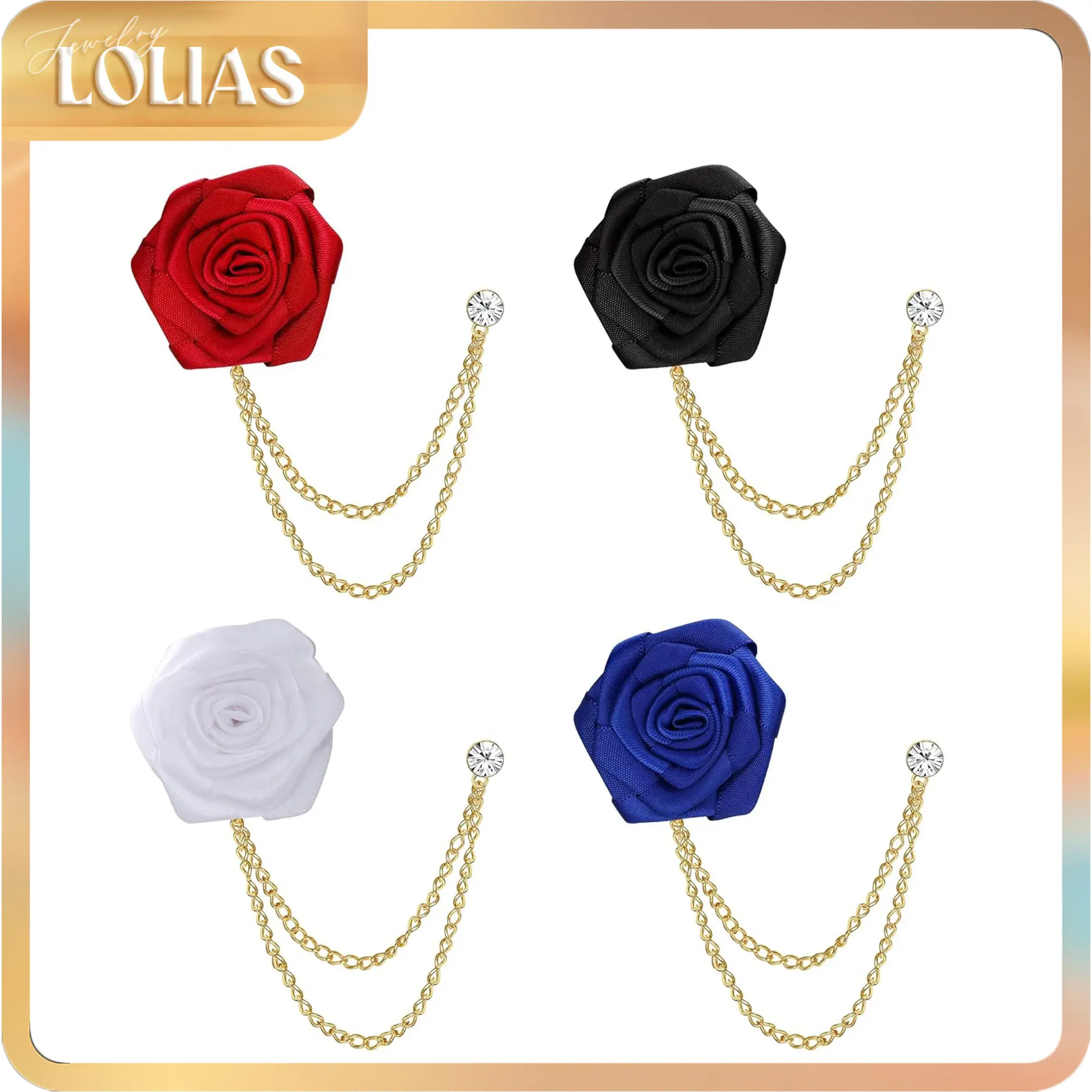 LOLIAS 4PCS Men's Accessories - Vintage Handmade Satin Rose Flower Brooch Lapel Pin Set with Tassel Chain for Wedding, Engagement, Brooch Styling