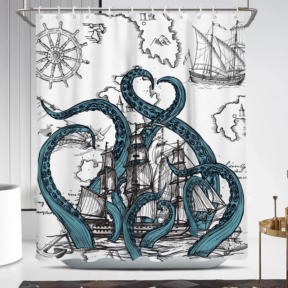 Nautical Octopus Shower Curtain Funny Fun Cool Kraken Coastal Pirate Ship World Map Mens Anime Vintage Ocean Unique Adventure Novelty Adult Sea Weird 60 x 72 Inch Polyester Fabric 12 Pack Hooks