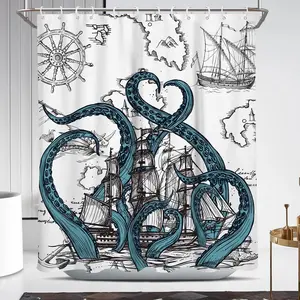 Nautical Octopus Shower Curtain Funny Fun Cool Kraken Coastal Pirate Ship World Map Mens Anime Vintage Ocean Unique Adventure Novelty Adult Sea Weird 60 x 72 Inch Polyester Fabric 12 Pack Hooks