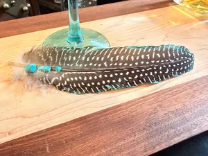 Natural Guinea Fowl Wing Feather with Turquoise Handmade Accents