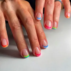 24 Pcs Short Square French Nail Art, Rainbow Colors, Reusable Jelly Glue, Full Cover, Elegant & Durable, No Adhesive Needed, Perfect for Weddings/dances