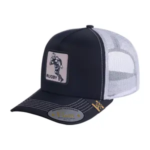 Embroidered Rugby - 5 Panel Trucker Hat - Black/White