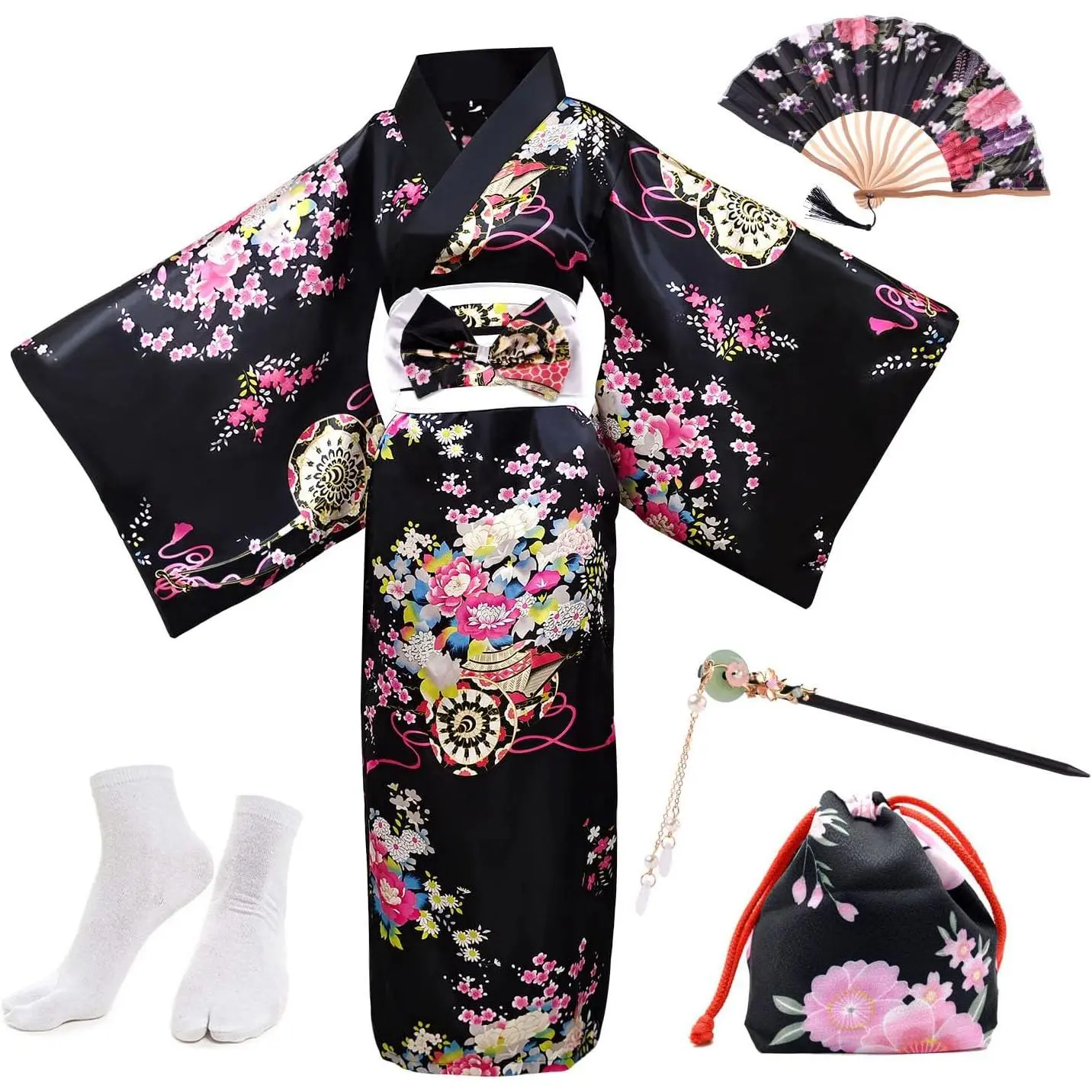 5Pcs Japanese kimono for women, Robe Geisha Yukata Dress Blossom Satin Bathrobe japanese dress for women