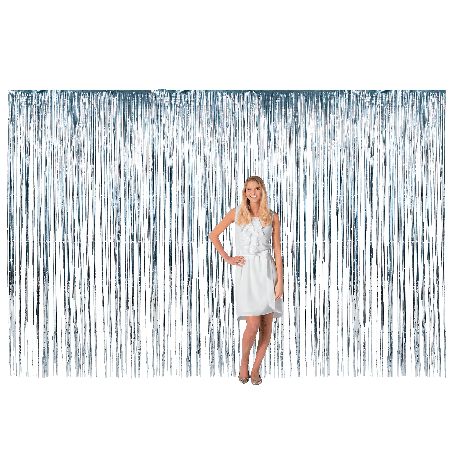 12 Ft. x 8 Ft. Large Silver Metallic Fringe Backdrop Curtain