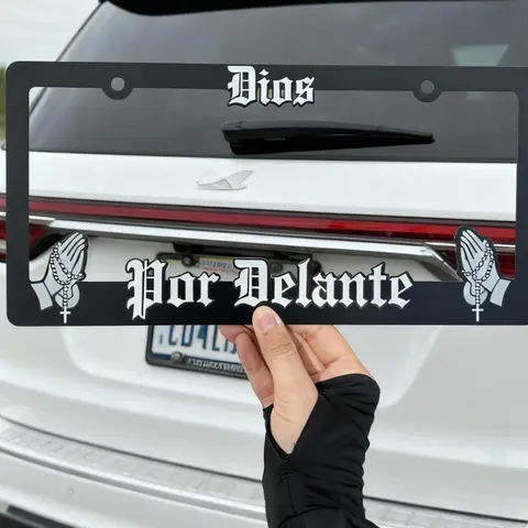Dios Por Delante License Plate Frame 6x12 Inch Stainless Steel Bracket Easy Install Auto Accessory