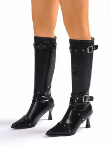 High Heel Tall Pointed Boots for Women, New Spring & Fall PU Leather Buckle Rivet Design, Classic Style Above Ankle Below Knee, Rubber Sole