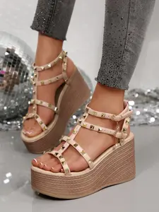 Women's Wedge Heel Thick Sole Sandals, High Heels, Waterproof with Strap and Lemon Detail, Fashionable Comfort Shoes, Stylish Summer Footwear