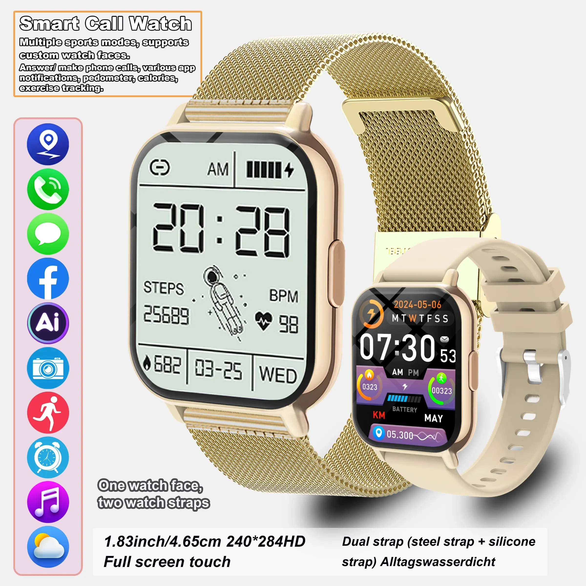 Smart watch bracelet, Smartwatch with calls, 1.83-inch HD touch screen, wireless calling/dialing, alarm/message notifications, fitness tracking, photo/music control, compatible with Android and Apple phones, dual straps for unisex