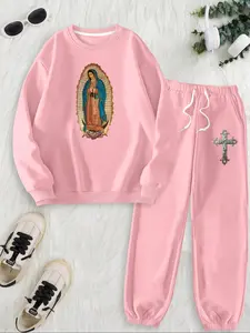 Women's Virgin Mary Print Sweatshirt & Drawstring Waist Sweatpants Set, Casual Long Sleeve Drop Shoulder Pullover & Pocket Jogger Pants, Women's Fall & Winter Clothes, Casual Loungewear Set