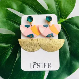 Kingston Earring: Pink Acetate Drops with Brushed Brass and Dark Green Crystal Accents